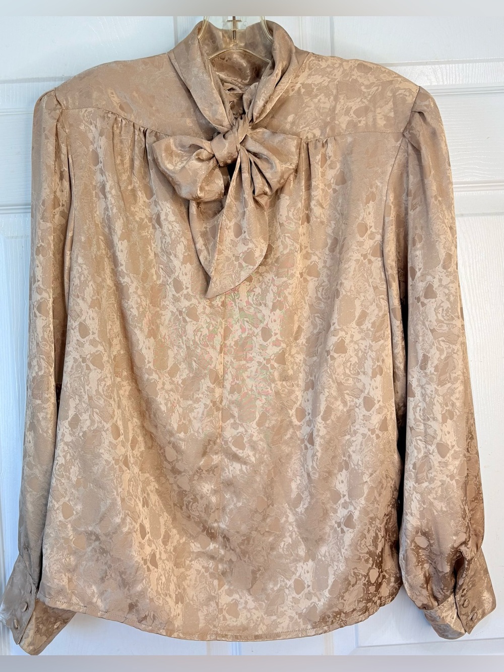 Vintage Tan Jacquard Bow Tie Secretary Blouse Size 12
